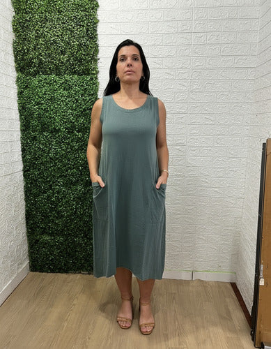 Vestido Summer Regata Midi Com Bolso Feminino 100% Algodão