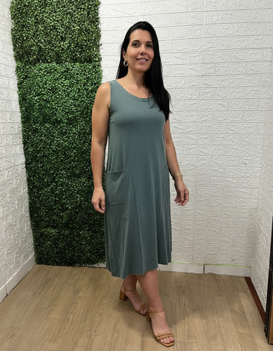 Vestido Summer Regata Midi Com Bolso Feminino 100% Algodão