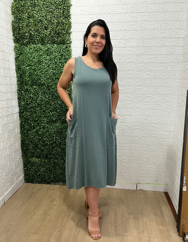 Vestido Summer Regata Midi Com Bolso Feminino 100% Algodão