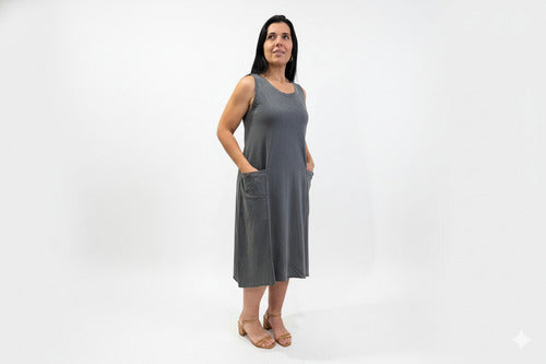 Vestido Summer Regata Midi Com Bolso Feminino 100% Algodão