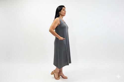 Vestido Summer Regata Midi Com Bolso Feminino 100% Algodão