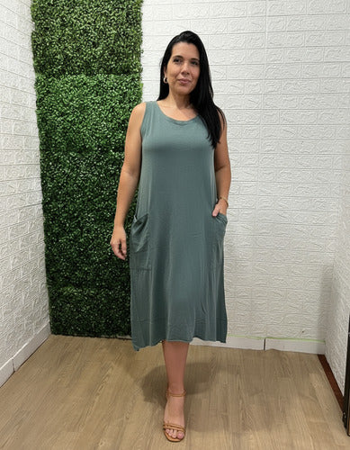 Vestido Summer Regata Midi Com Bolso Feminino 100% Algodão