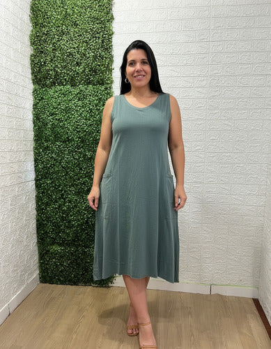 Vestido Summer Regata Midi Com Bolso Feminino 100% Algodão