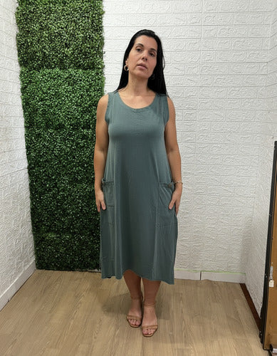 Vestido Summer Regata Midi Com Bolso Feminino 100% Algodão