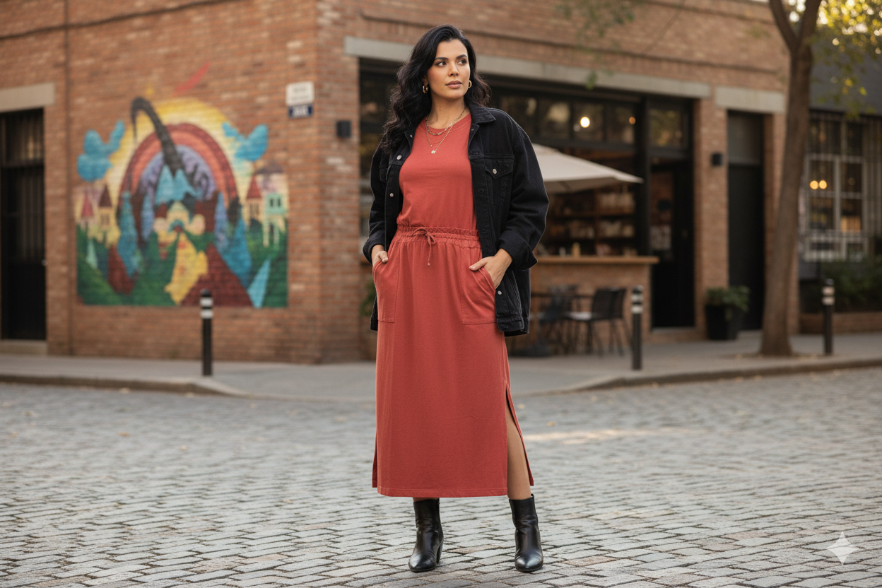 Conjunto de Saia Midi c/ Bolso Lateral e Blusinha em algodão