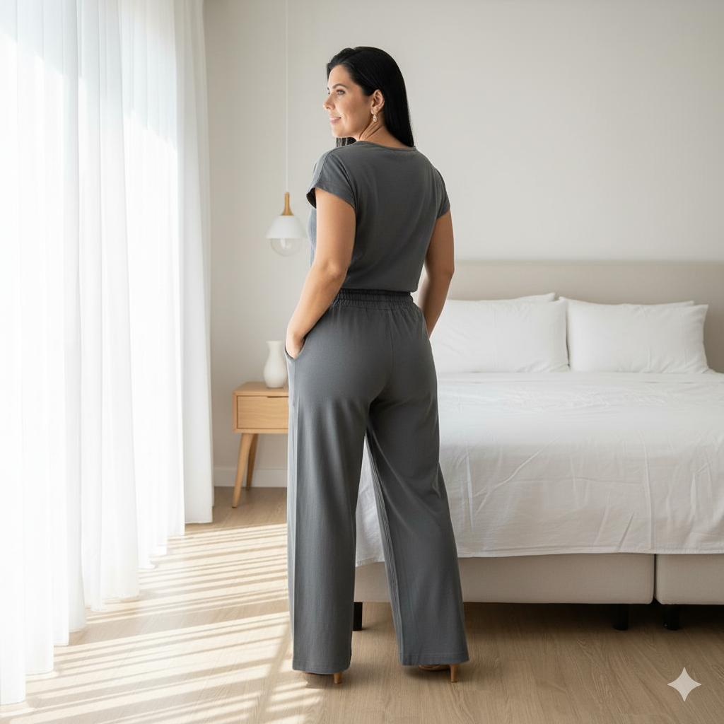 Conjunto Pantalona E Blusa Feminino 100% Algodão Estonado