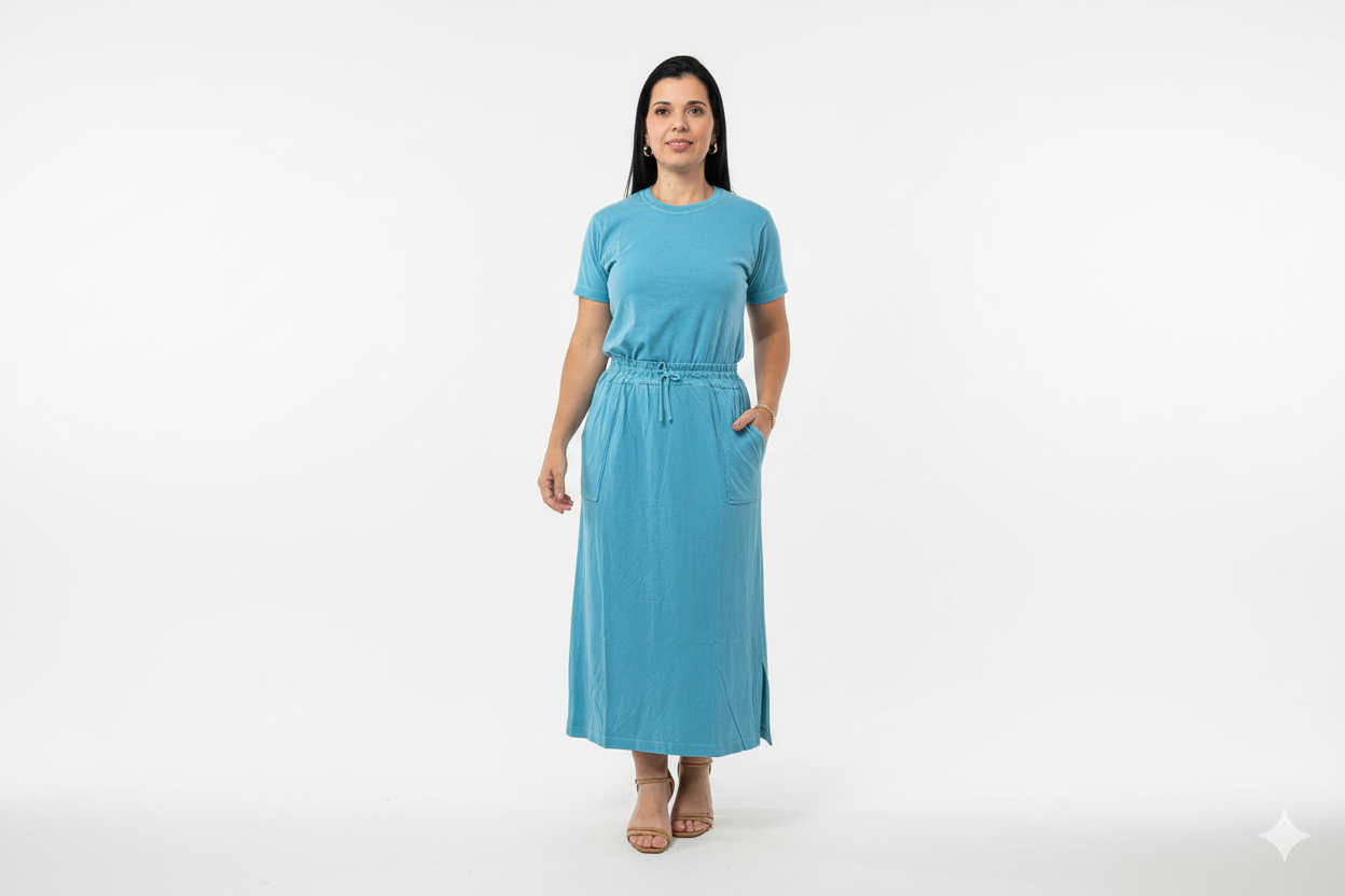 Conjunto de Saia Midi c/ Bolso Lateral e Blusinha em algodão