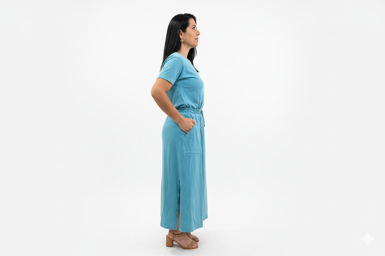 Conjunto de Saia Midi c/ Bolso Lateral e Blusinha em algodão